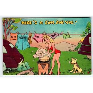 We're Having A Swell Time Girl Washes Clothes In Swimsuit Linen Comical Postcard